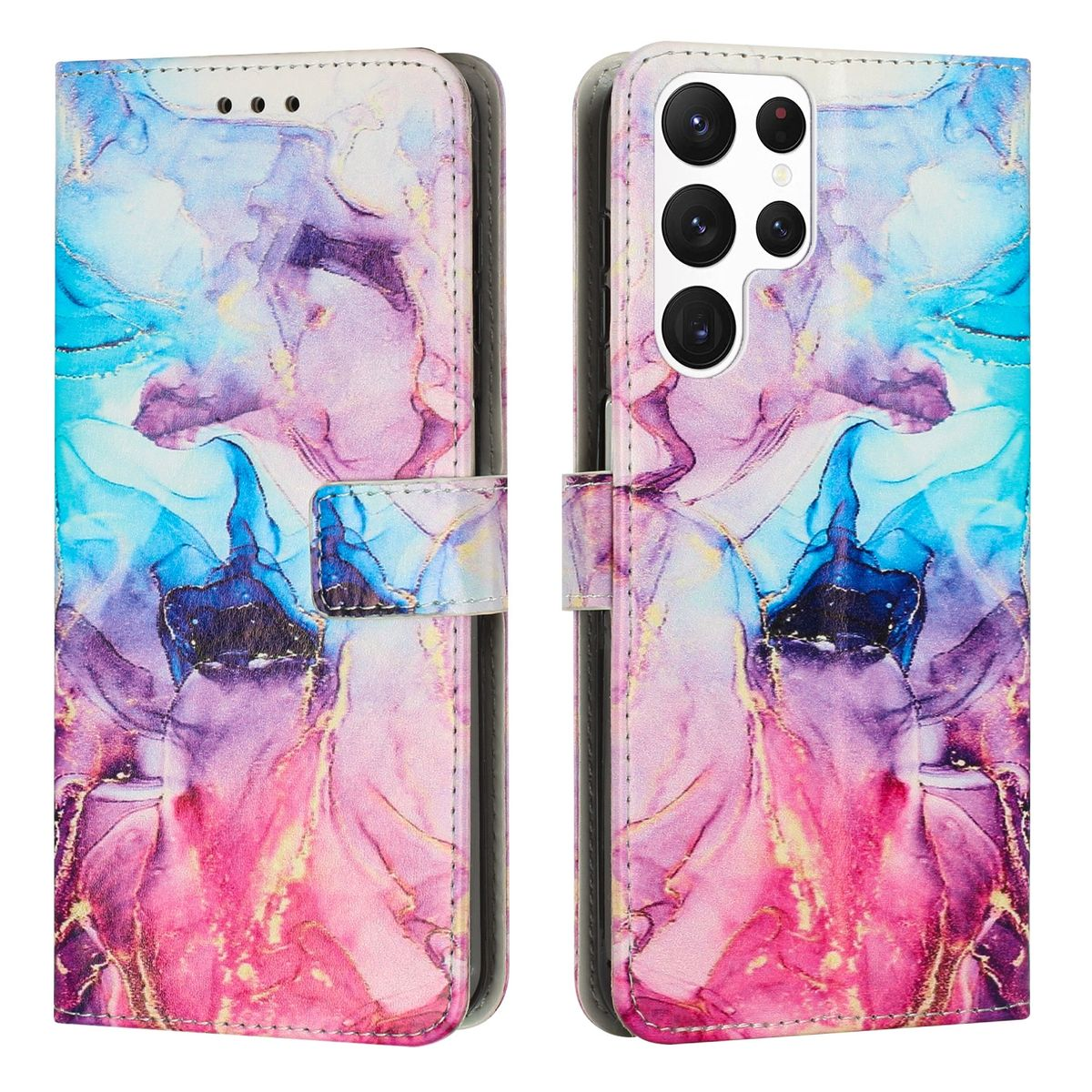 Eine lebendige Handyhülle mit einem farbenfrohen, abstrakten Design. Die Hülle ist geöffnet und zeigt das Telefon und seine Kameras.