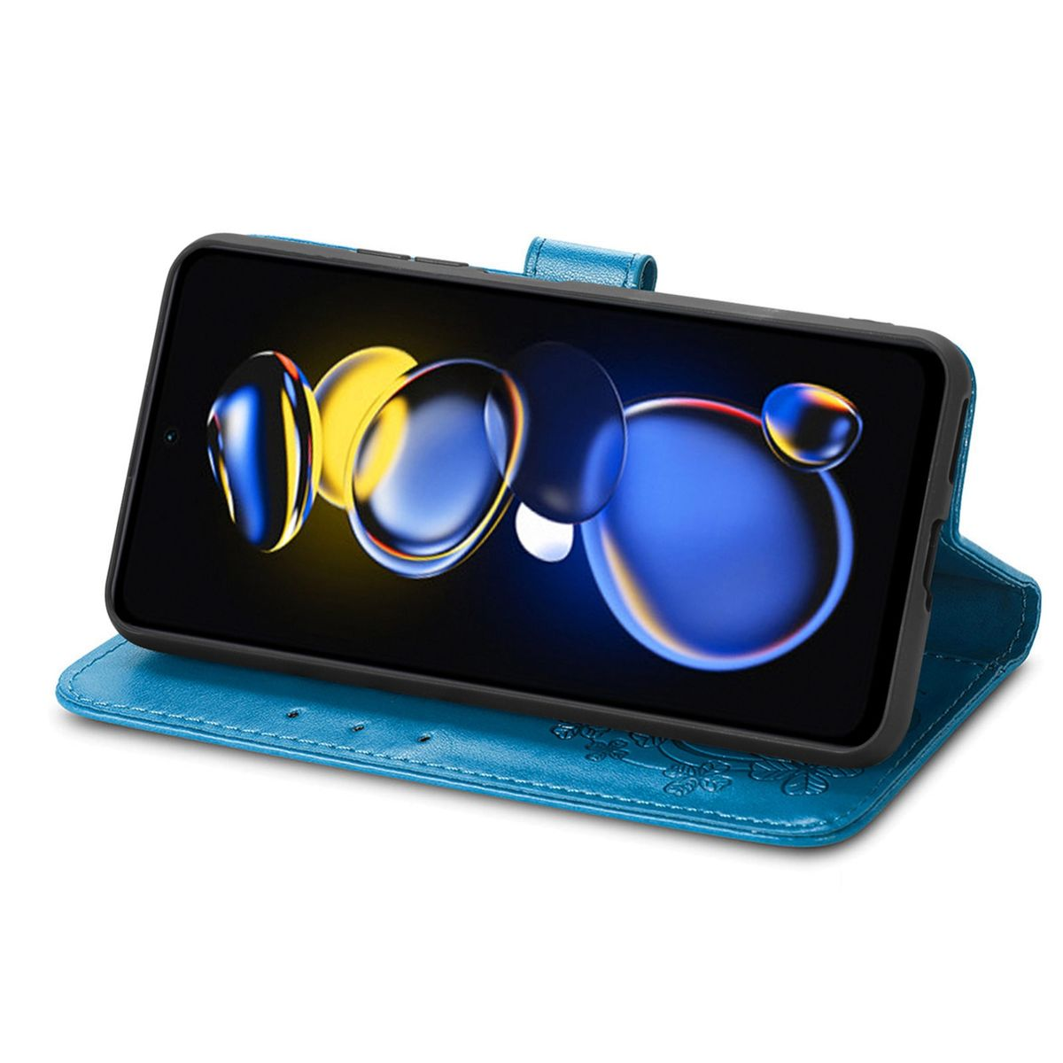 Blaue Handyhülle mit Bildschirm, der ein abstraktes Design zeigt. Geöffnet mit sichtbaren Karten.
