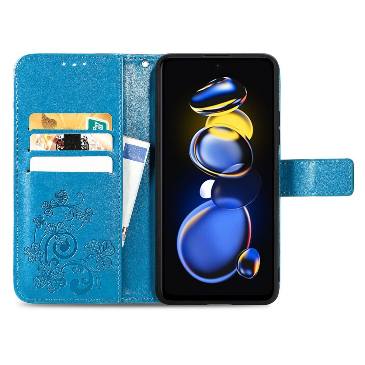 Geöffnete blaue Handyhülle mit Telefon im Inneren, zeigt Karten und Geld.