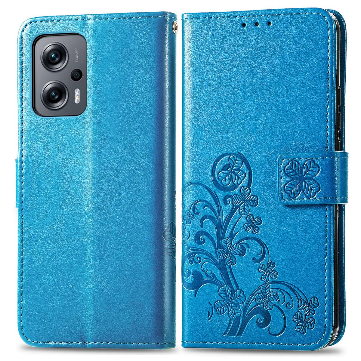 Eine blaue Handyhülle mit floralem Design. Die Hülle ist geöffnet und zeigt die Rückseite des Telefons.