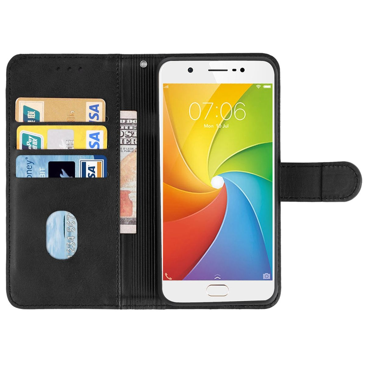 Schwarze Handyhülle offen mit Telefon, Karten und Geld. Der Bildschirm zeigt einen bunten Wirbel.
