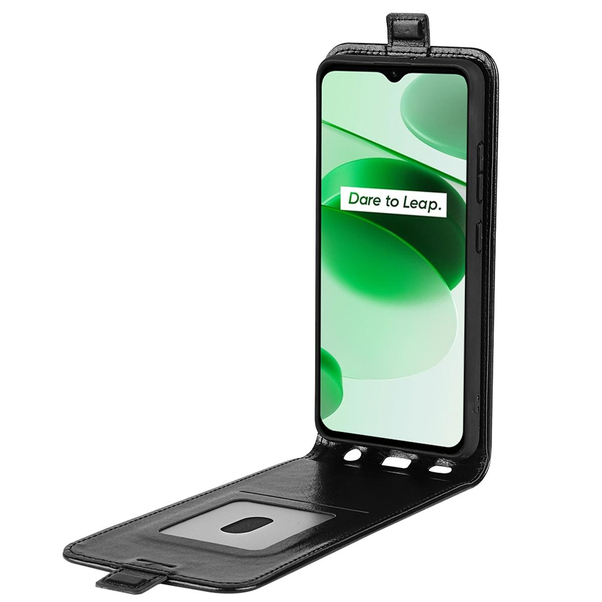 Schwarze Handyhülle in aufgeklappter Position, mit Telefonbildschirm, der ein Hintergrundbild zeigt.