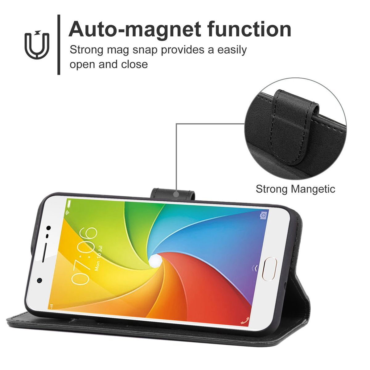 Schwarzes Telefon in einer Hülle mit Magnetklappe. Weißer Hintergrund.