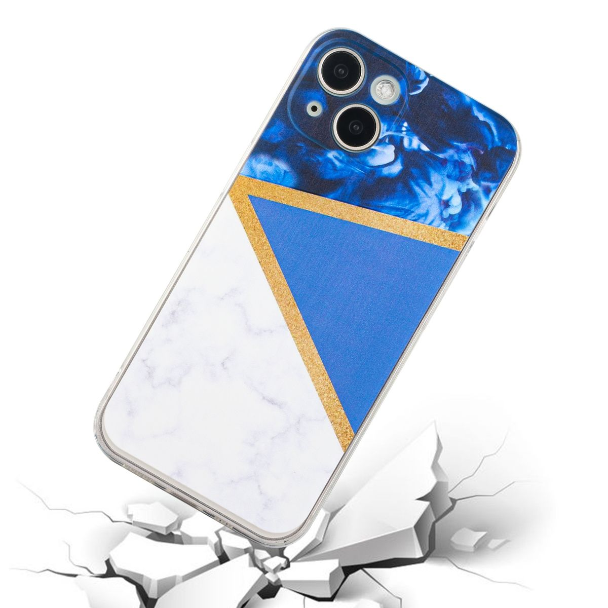 Blaue und goldene Handyhülle mit geometrischem Design auf weißem Grund.