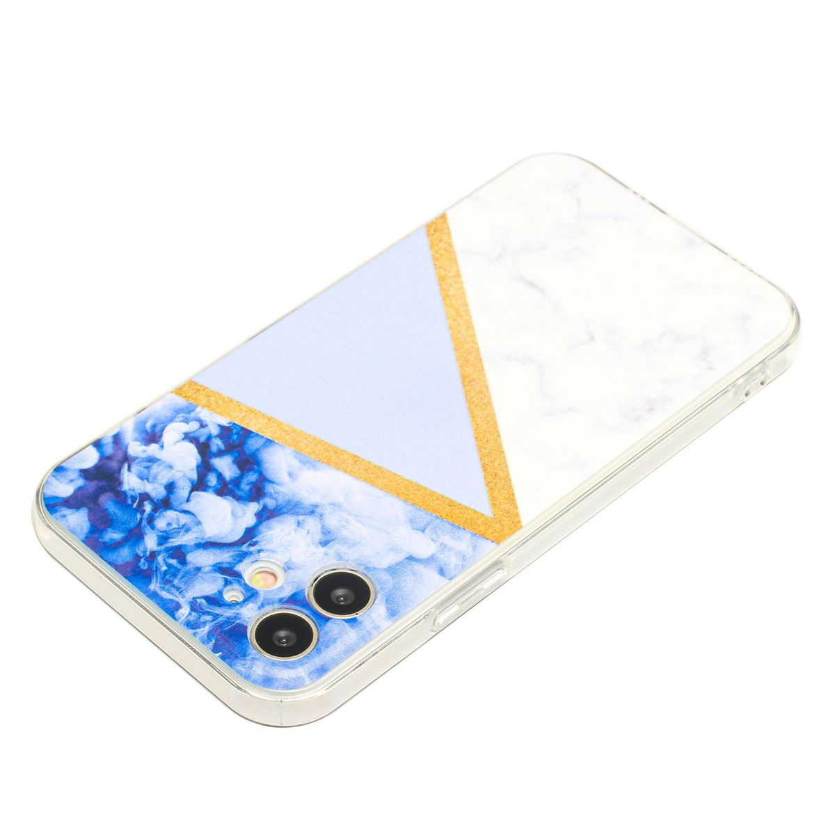 Eine Handyhülle mit Marmor- und geometrischem Design. Mit blauen Blumen und goldenen Akzenten.