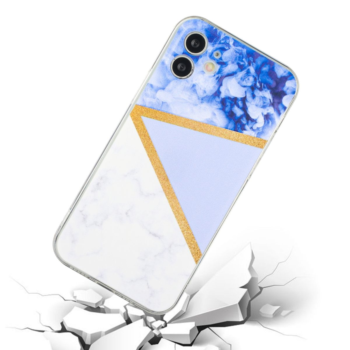 Handyhülle mit Marmor- und blauem Blumendesign, mit einem goldenen diagonalen Streifen. Risse erscheinen darunter.