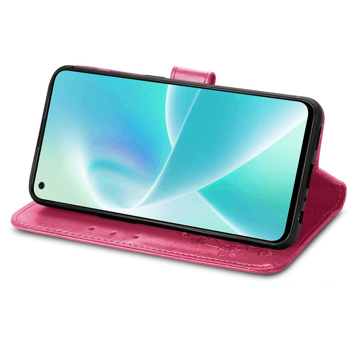 Rosa Handyhülle, offen, mit Telefon, das den Bildschirm zeigt.