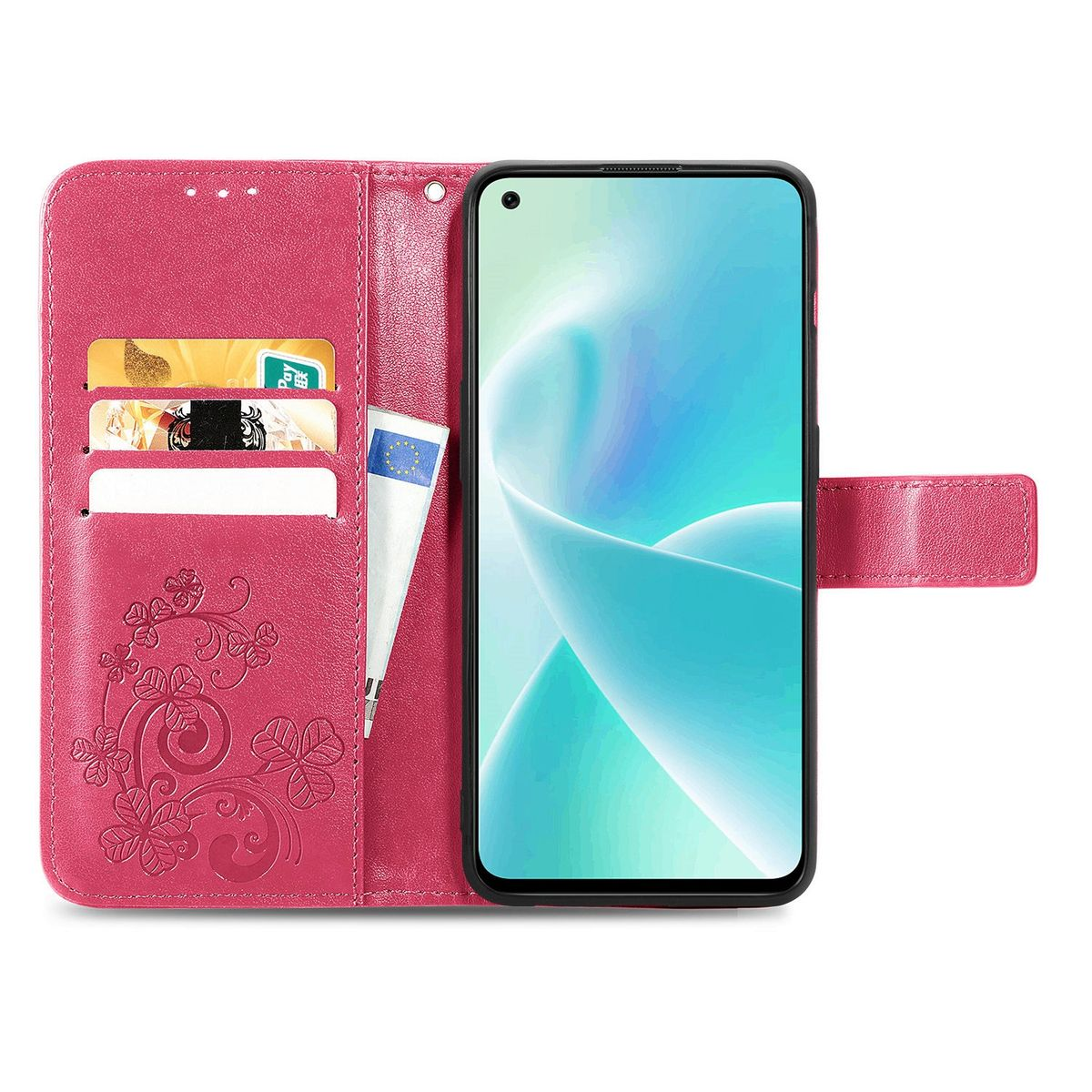 Rosa Handyhülle mit Karten und Telefon. Das Telefon ist offen mit Bildschirm.