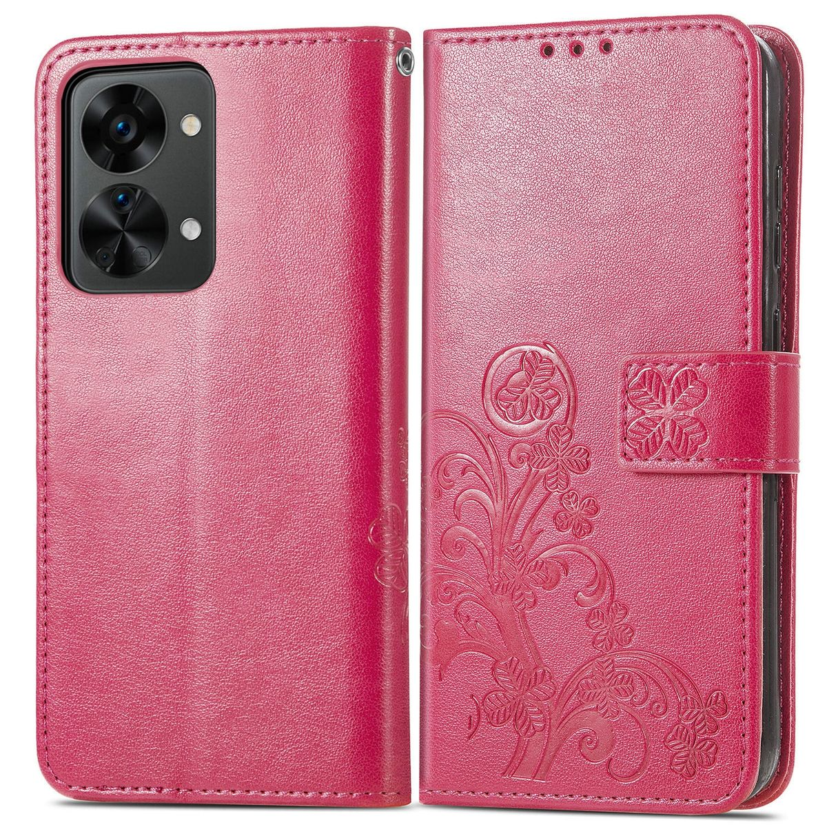 Eine pinkfarbene Handyhülle offen mit einem Telefon darin. Die Hülle hat ein Blumendesign und einen Magnetverschluss.