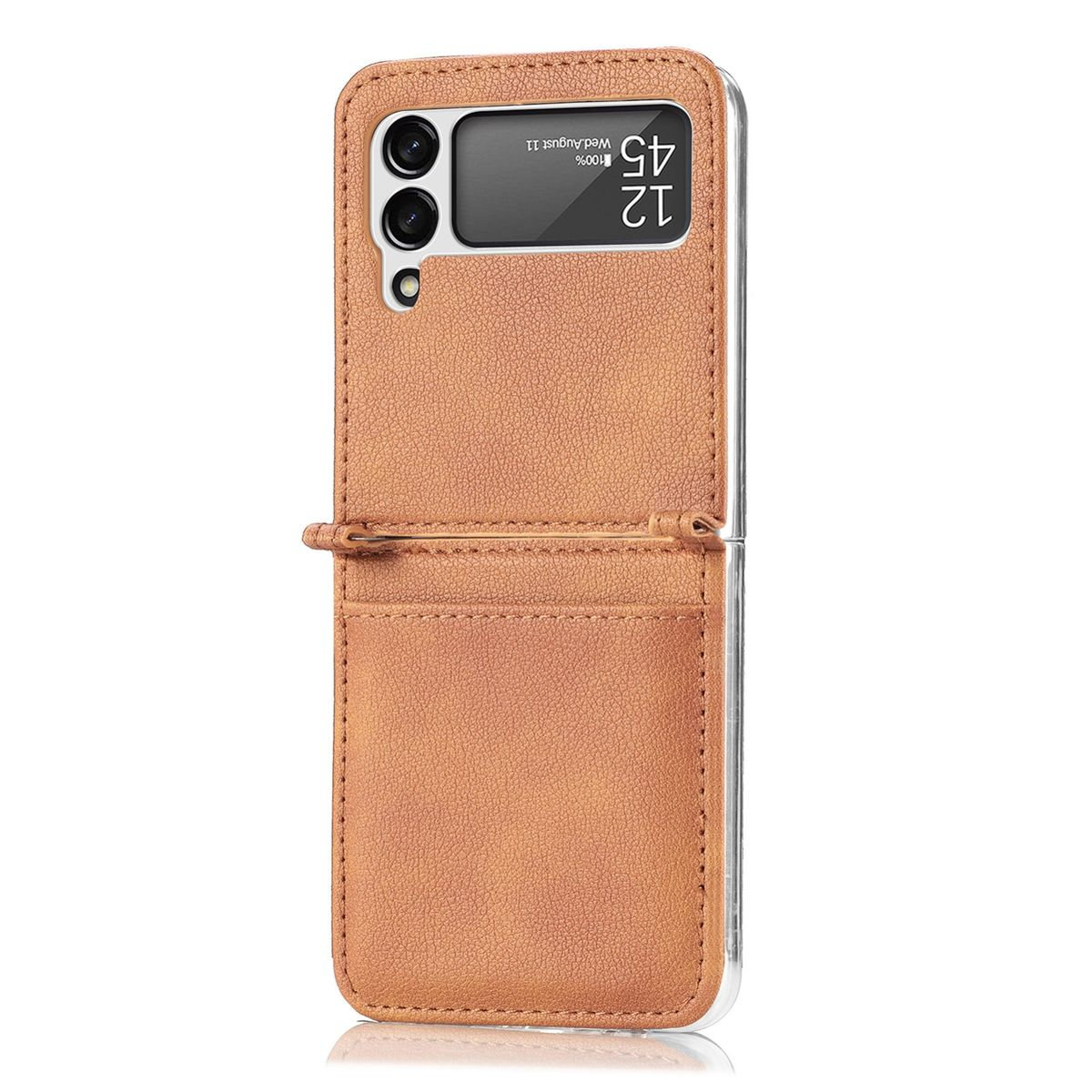 Eine braune Leder-Handyhülle mit Kartenfach und Telefon, das die Uhrzeit anzeigt.