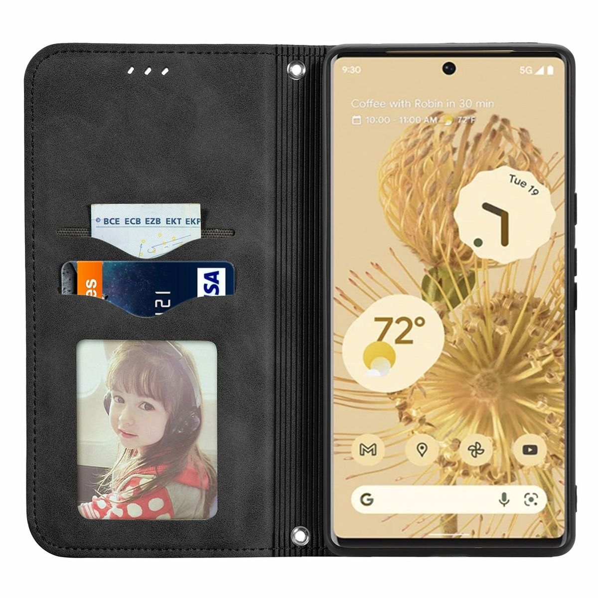 Geöffnete Handyhülle mit Telefon darin. Zeigt Karten, Bild und Wetter-App.