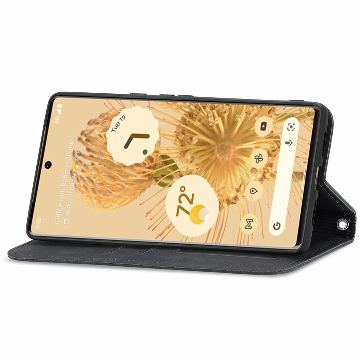 Schwarzes, offenes Handy-Etui mit einem Handy, das einen Startbildschirm mit Wetter- und Kalenderinformationen anzeigt.