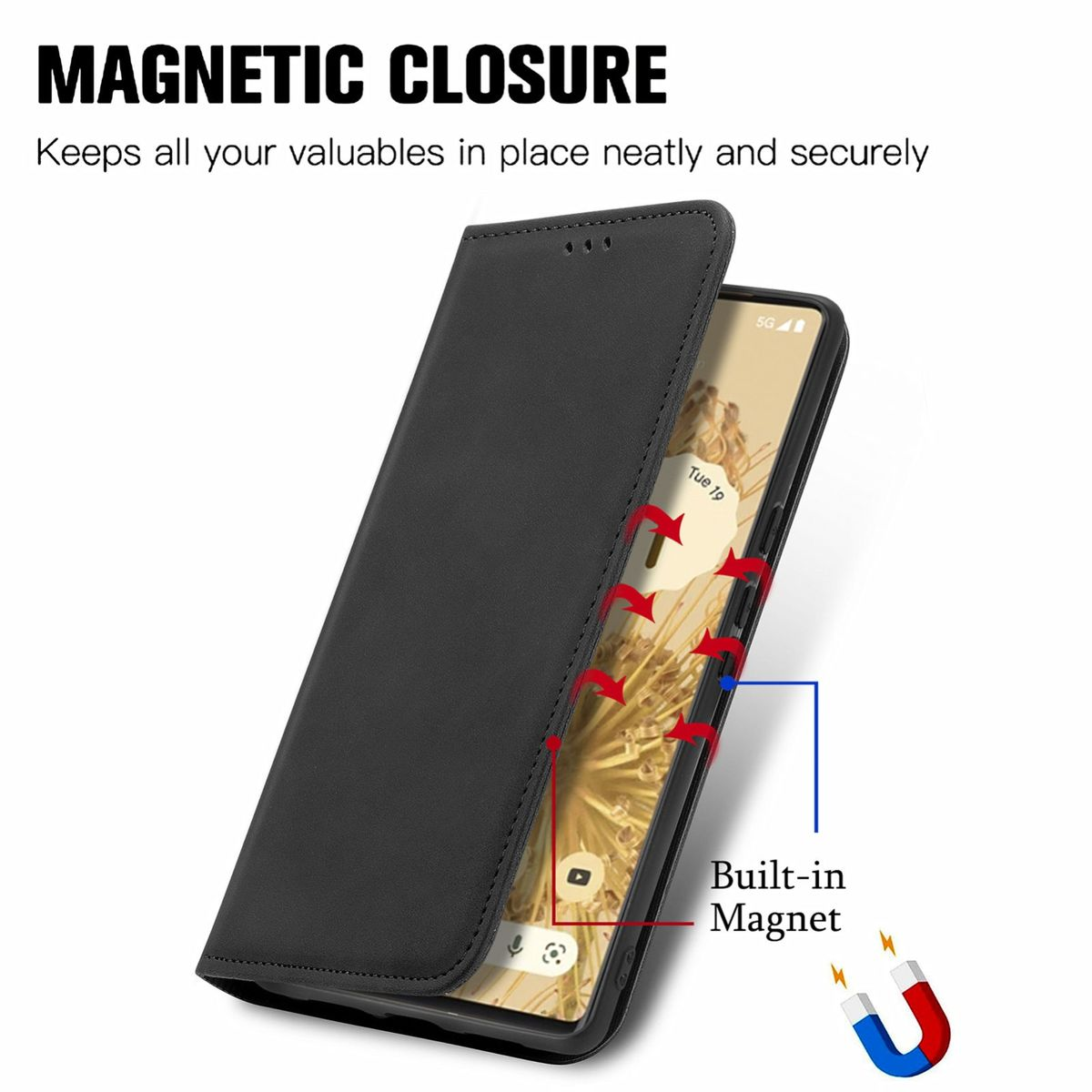 Schwarze Handyhülle mit Telefon darin, mit Magnetverschluss.