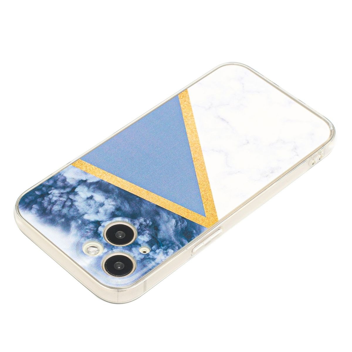 Telefon mit Marmordesign und blauem Dreieck auf der Rückseite, mit goldener Linie.