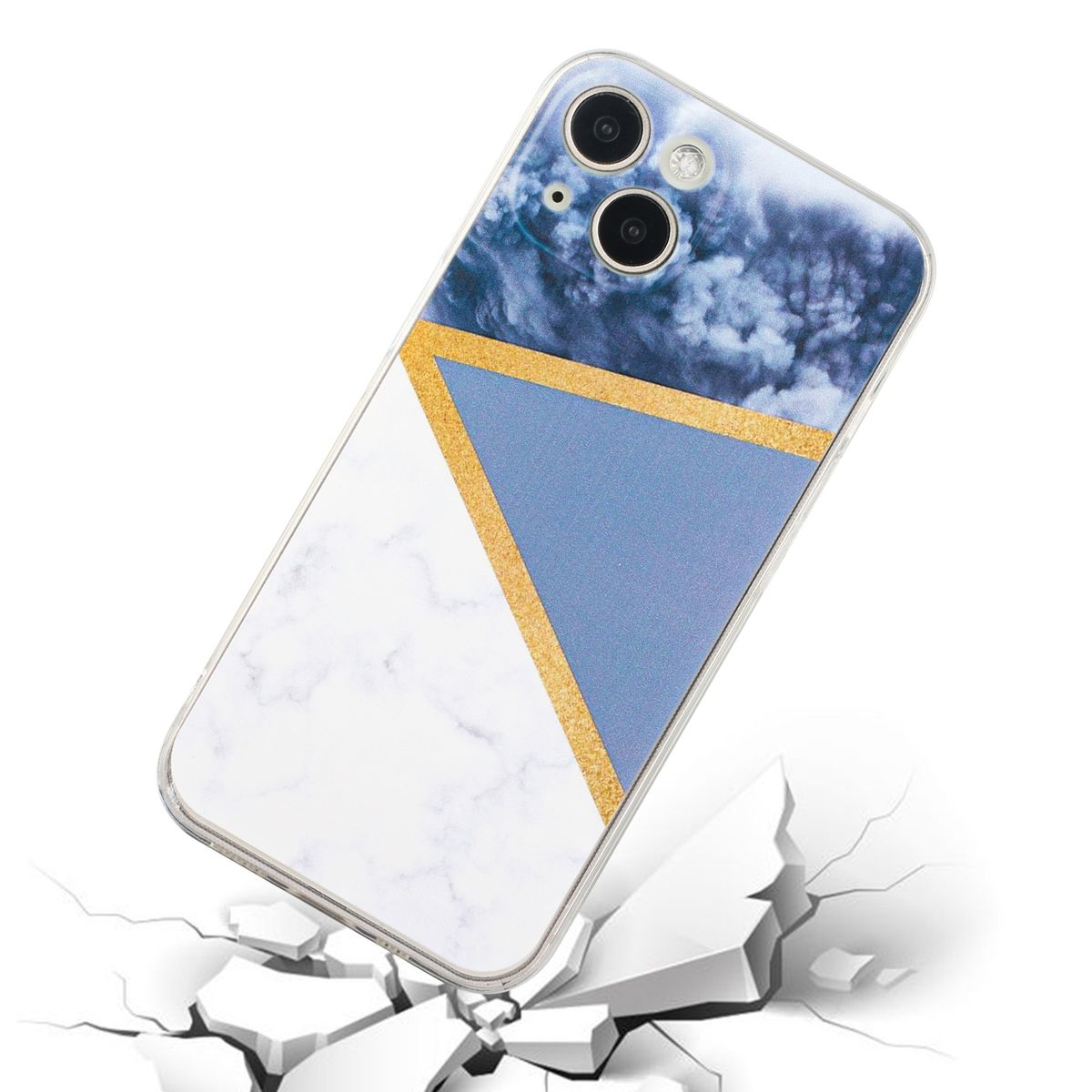 Handyhülle mit Marmor- und Golddesign. Vor weißem Hintergrund mit Glassplittereffekt.
