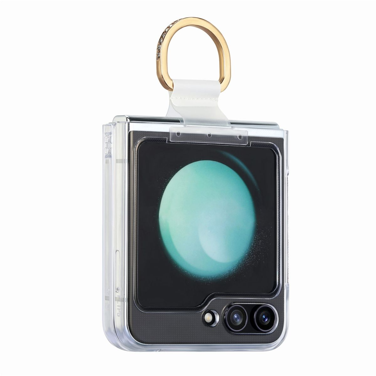 Transparente Handyhülle mit goldenem Ring. Das Telefon ist geöffnet und zeigt einen Bildschirm. Auf weißem Grund.