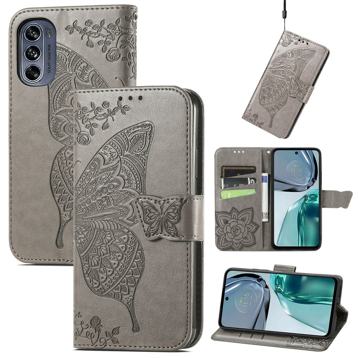 Graue Handyhülle mit Schmetterlingsdesign. Mehrere Ansichten mit dem Telefon im Inneren. Weißer Hintergrund.