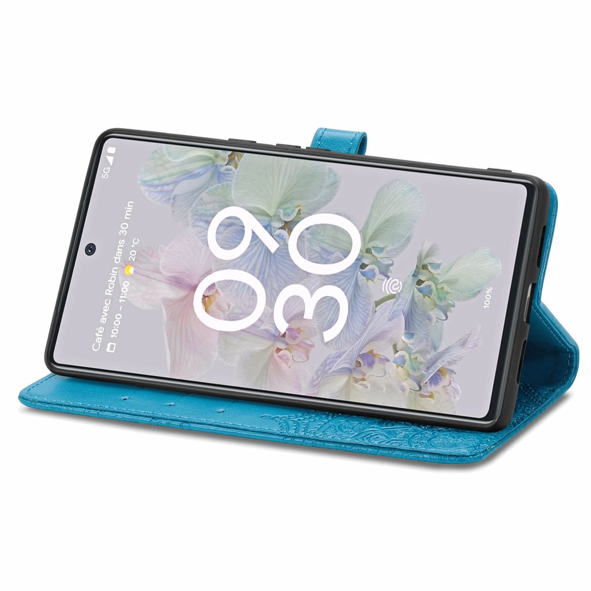 Blaue Handyhülle mit Telefon, das den Bildschirm zeigt, mit Blumendesign. Im Standmodus geöffnet.