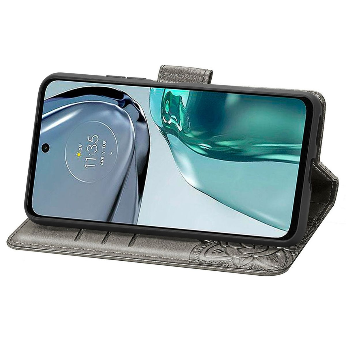 Eine graue Handyhülle mit einem Telefon darin, offen, um den Bildschirm und Karten anzuzeigen.