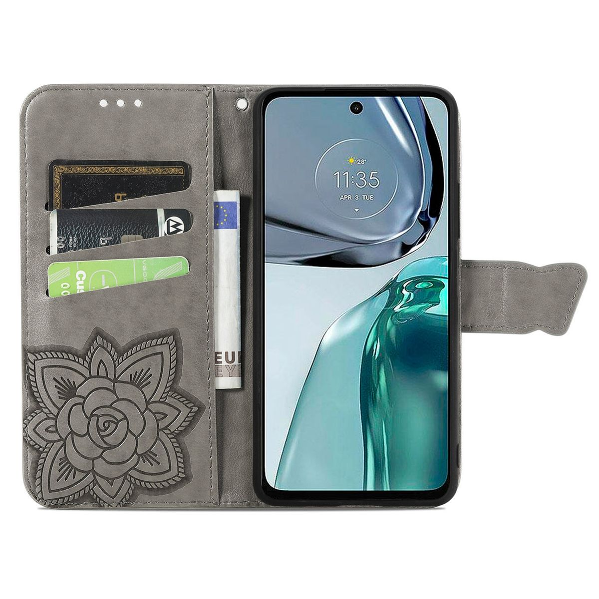 Graue Handy-Geldbörsen-Hülle, offen. Telefon ist drin. Karten und Geld sichtbar. Blumendesign auf der Hülle.