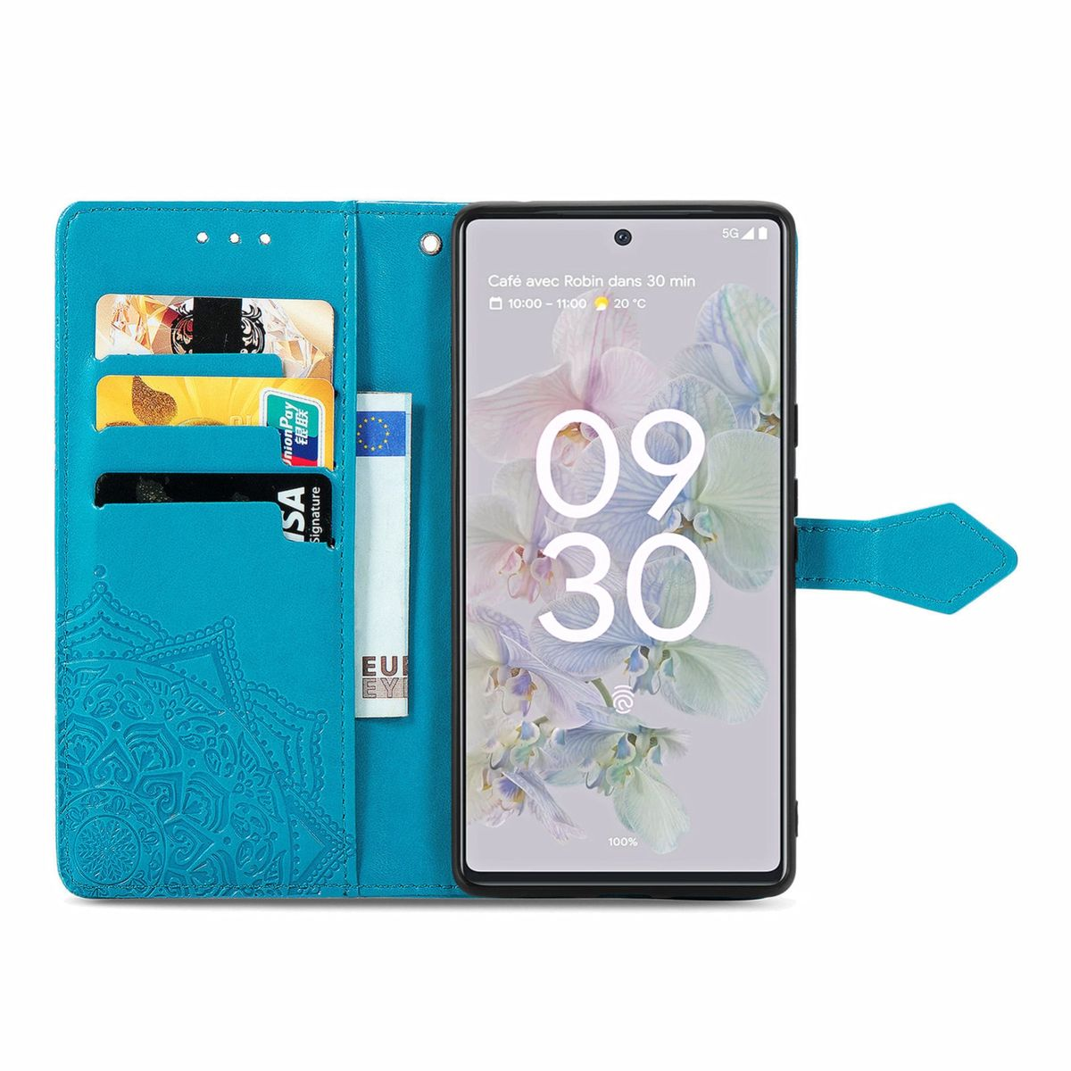 Türkisfarbene Handyhülle mit Kartenfächern und Telefon, das den Zeitpunkt anzeigt.