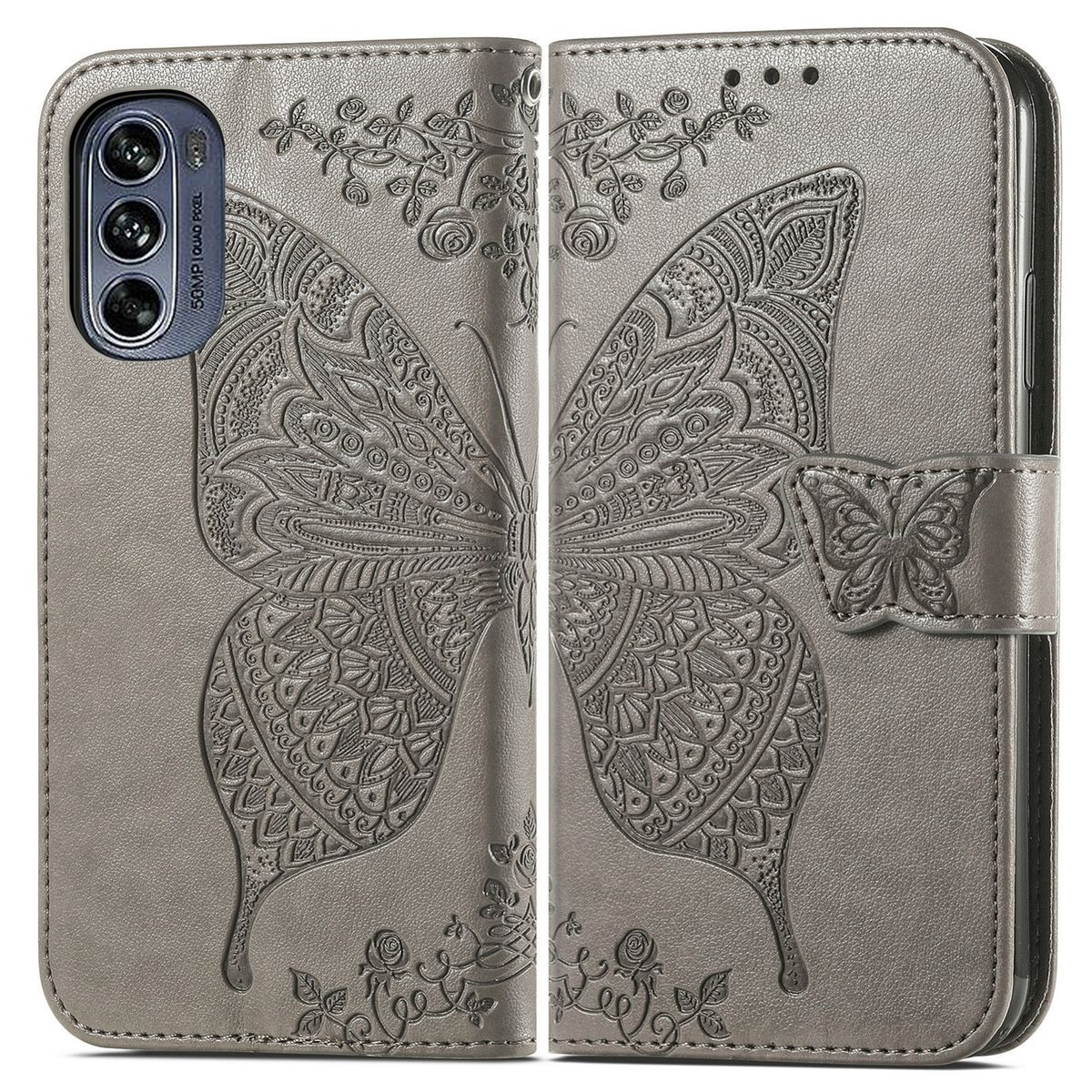 Graue Handyhülle mit Schmetterlingsdesign. Geöffnet, mit Telefon darin. Blumenmuster.