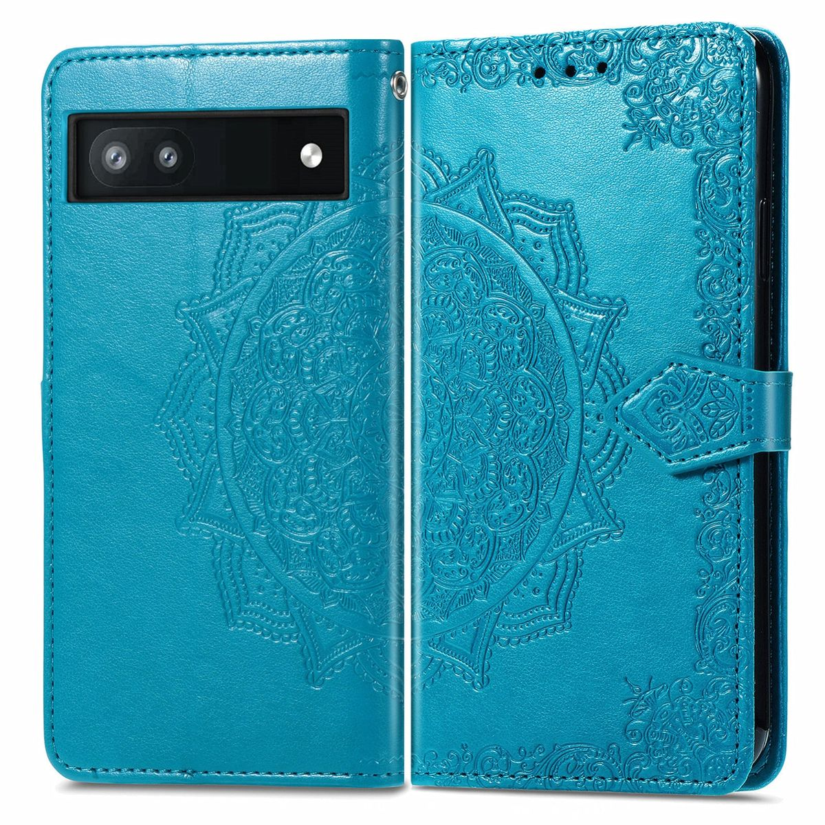 Eine blaue Handyhülle, geschlossen und offen, mit einem Mandala-Design auf der Hülle.