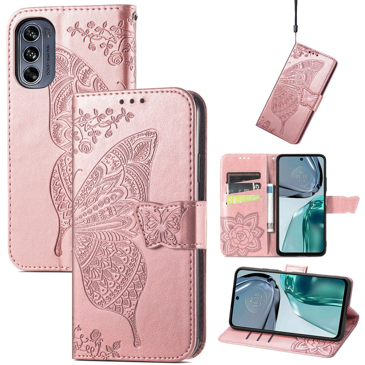 Rosa Handyhülle mit Schmetterlingsdesign und verschiedenen Winkeln.