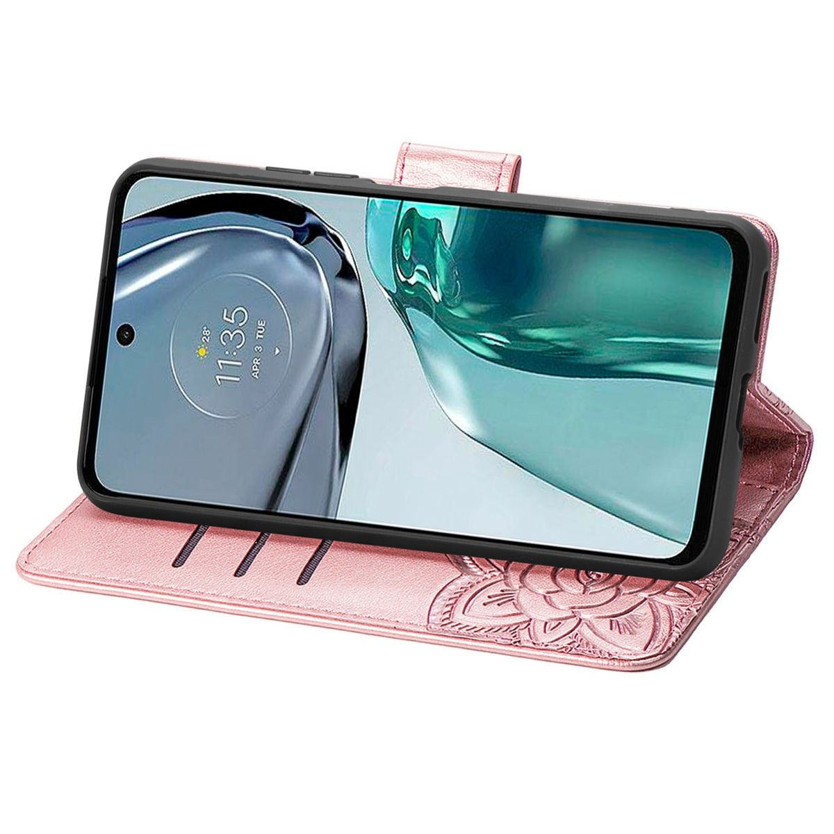 Rosa Handyhülle mit floralem Design, hält ein Telefon mit Zeitanzeige.