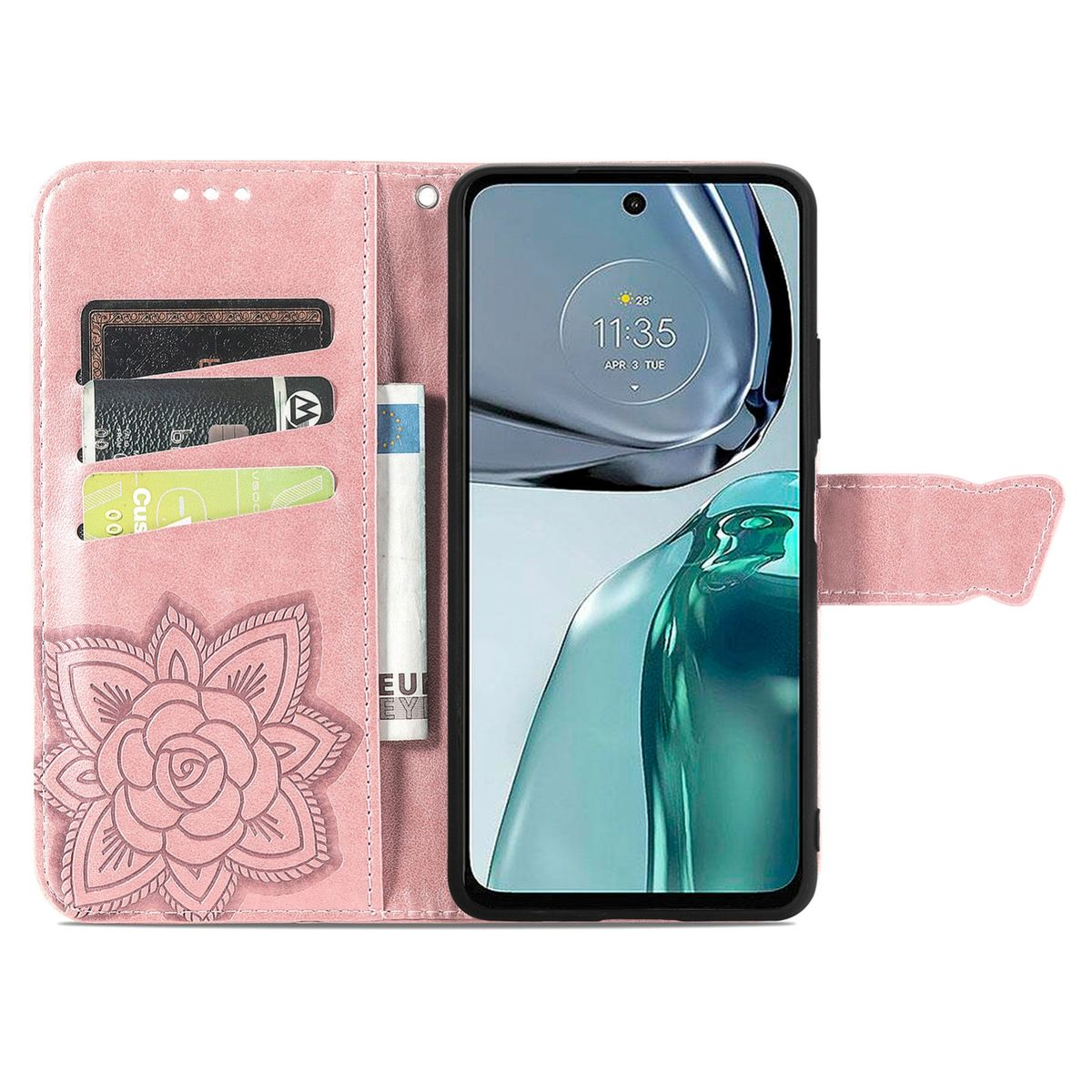 Geöffnete rosa Handyhülle mit Karten und einem Telefon, ein Blumendesign auf der linken Seite.