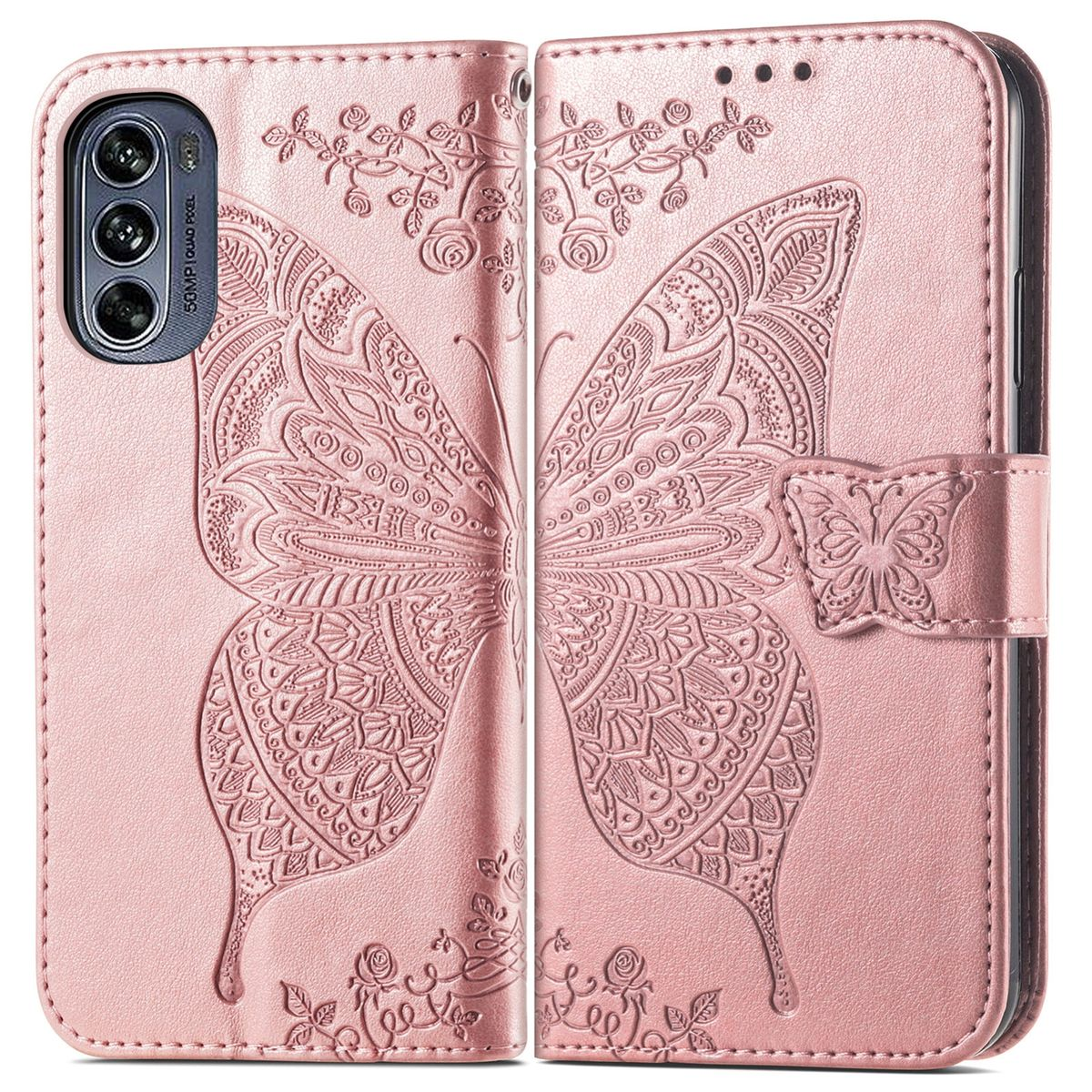 Rosa Handyhülle mit Schmetterlingsdesign.