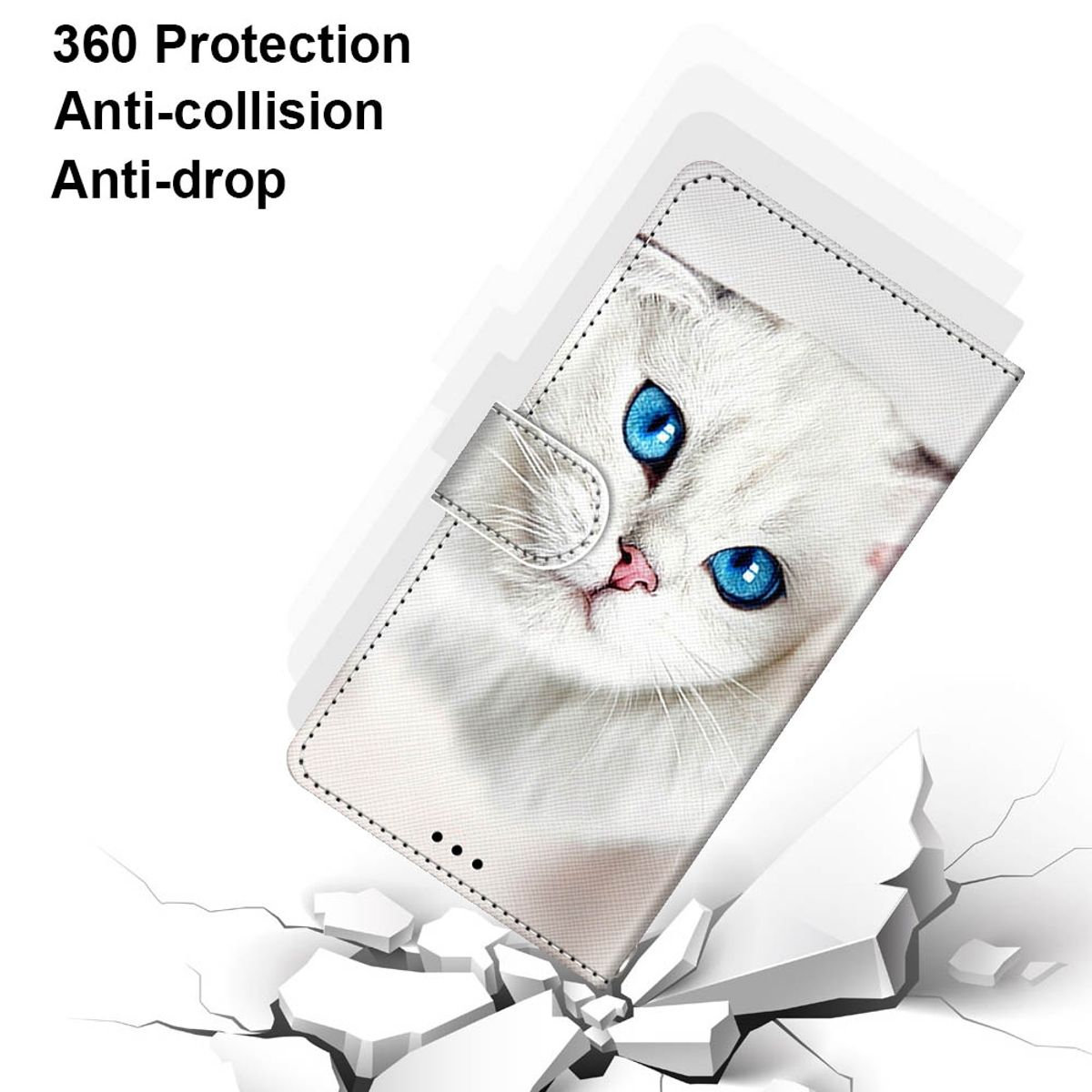 Weißes Handy-Case mit Katzengesicht, offen. Das Case zeigt ein Telefon. Das Case befindet sich auf einer Oberfläche mit Rissen.