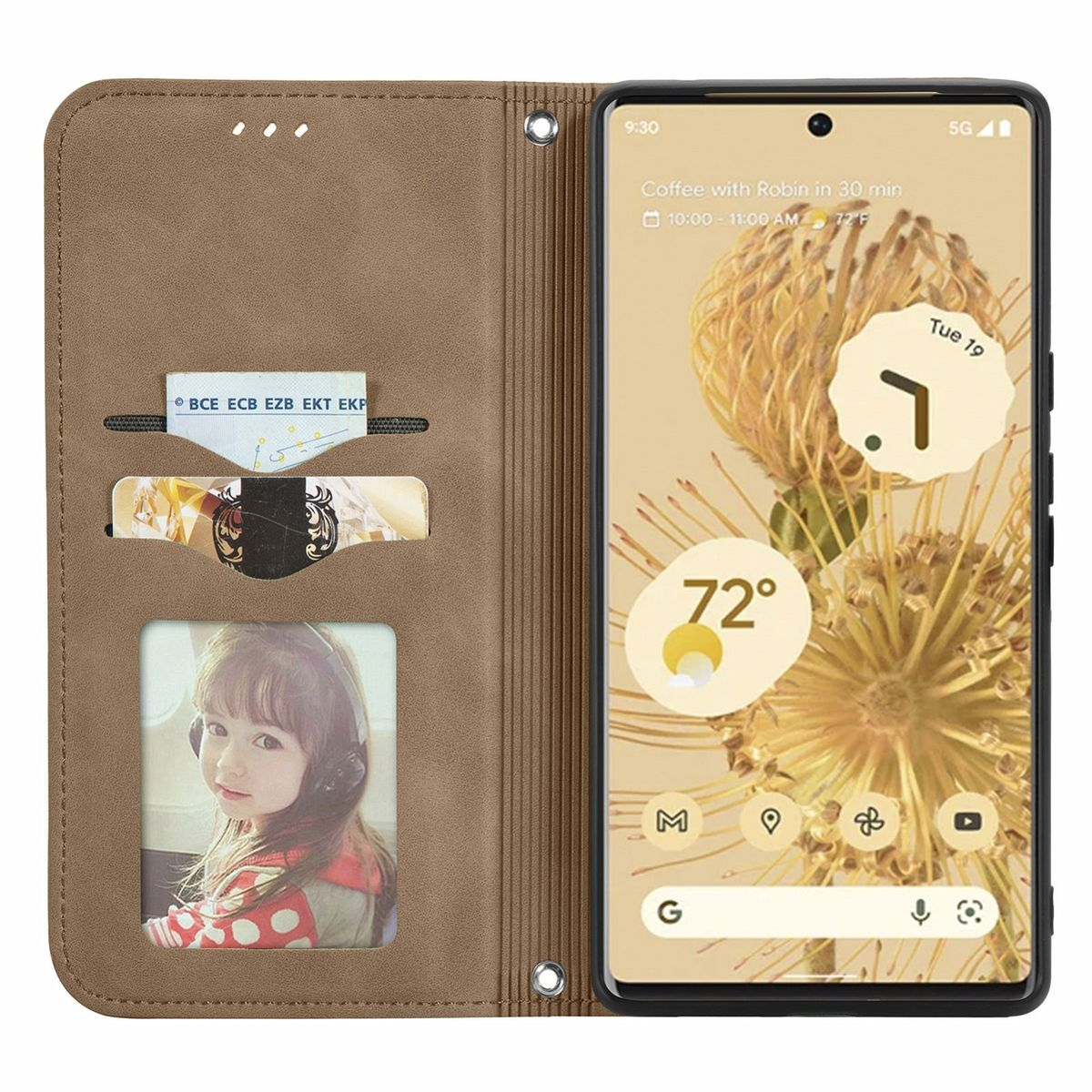 Geöffnete, braune Handyhülle mit Telefon, das einen Kalender und ein Foto eines Mädchens zeigt.