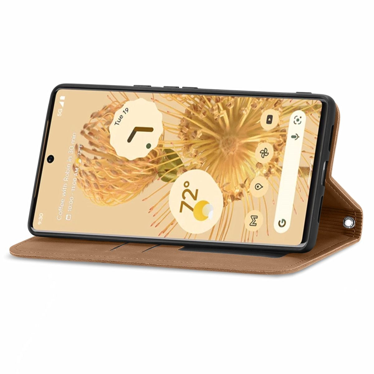 Ein Telefon mit brauner Hülle geöffnet, zeigt den Bildschirm mit Symbolen. Hintergrund ist weiß.