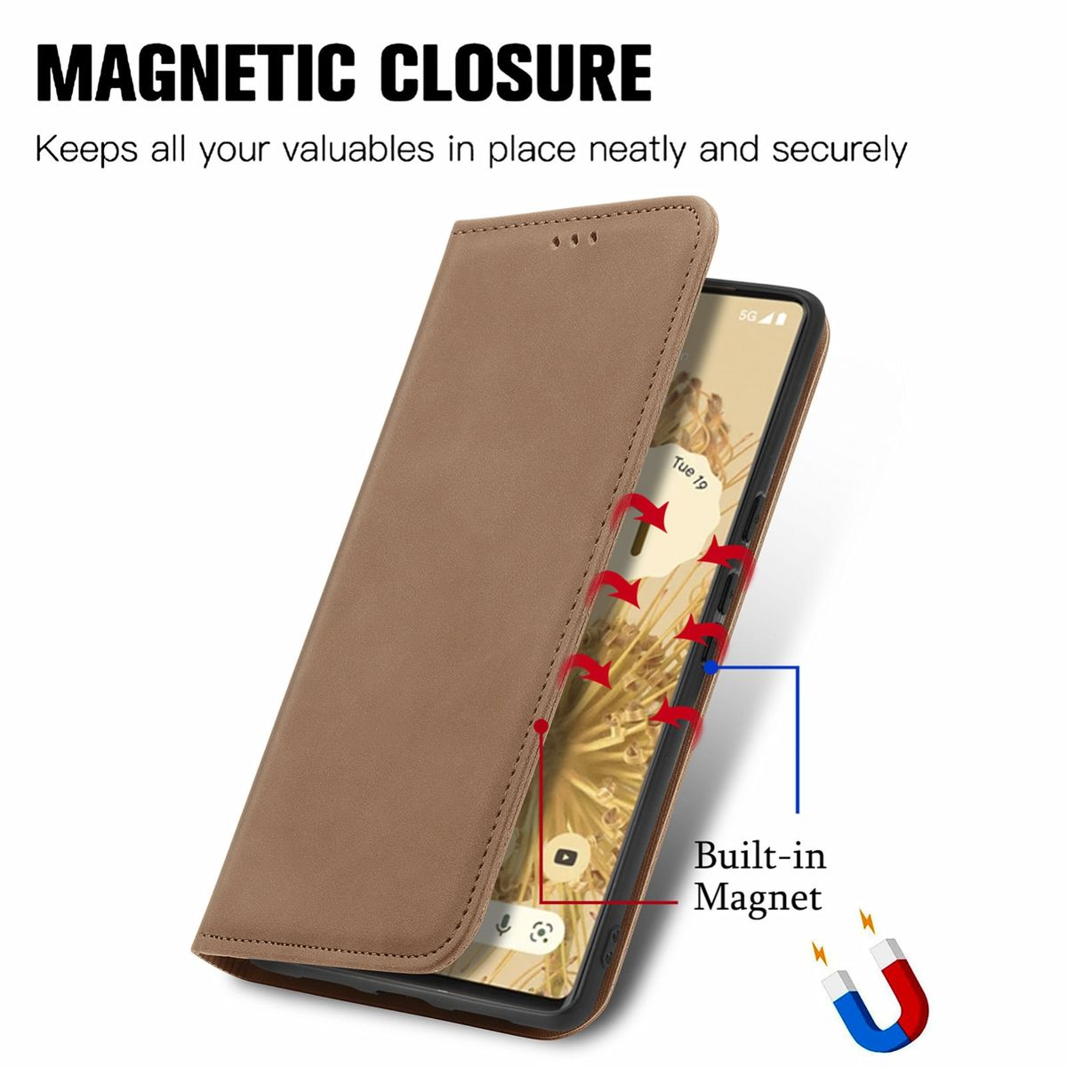 Eine braune Handyhülle ist geöffnet und zeigt einen Telefonbildschirm. Pfeile und ein Magnet-Symbol sind abgebildet.