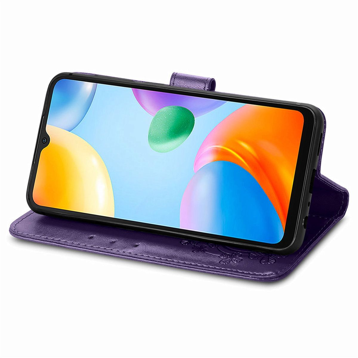 Lila Handyhülle mit Telefon darin. Die Hülle ist offen, auf einem Tisch.
