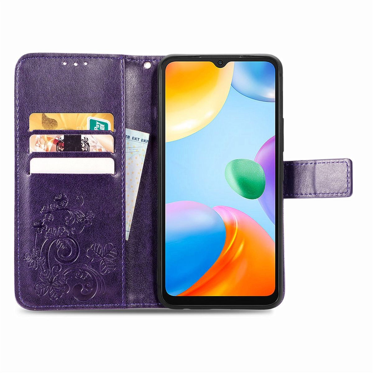 Geöffnete lila Handy-Geldbörse, zeigt Telefon, Karten und ein Blumenmuster.