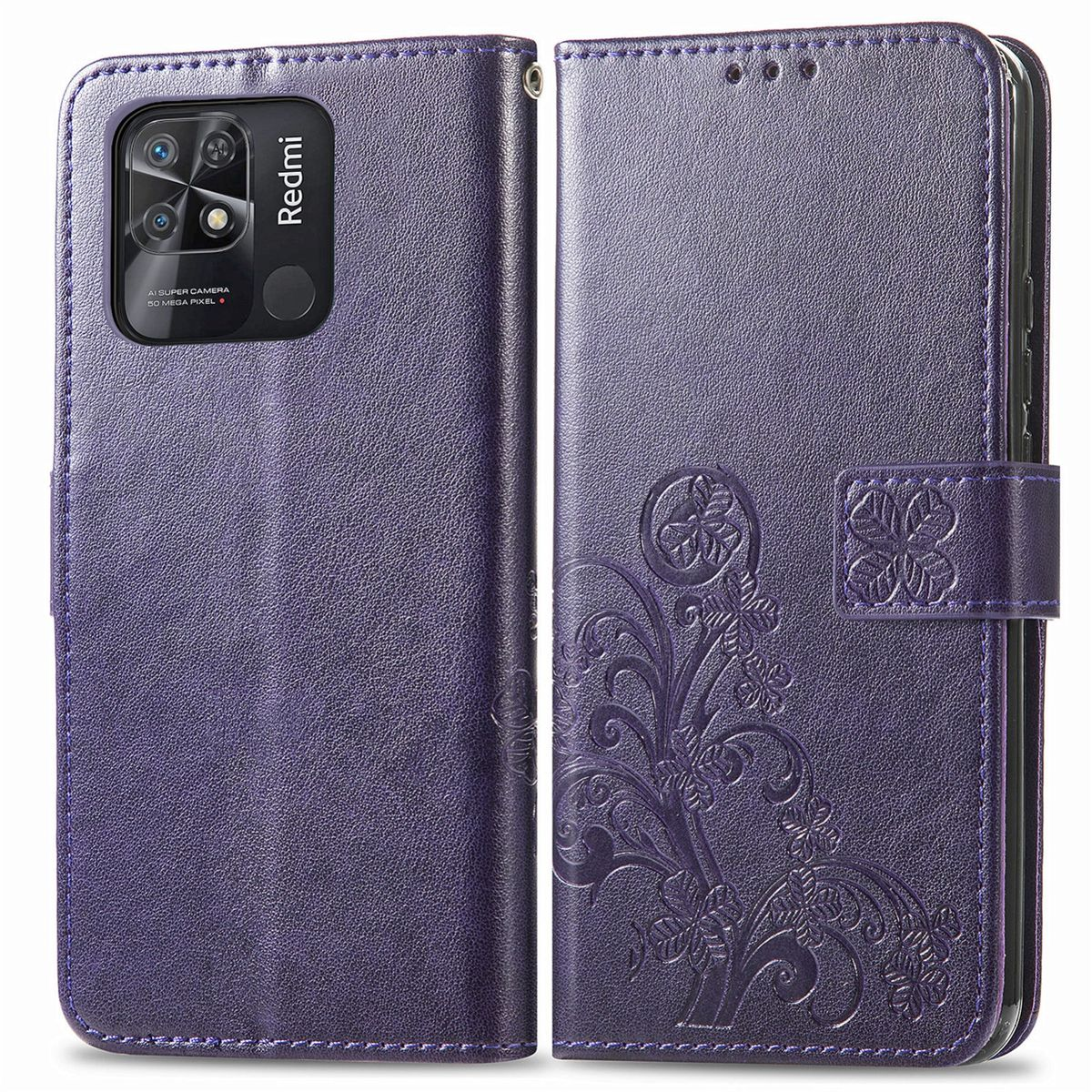 Lila Handyhülle mit floralem Design, offen, zeigt ein Telefon.