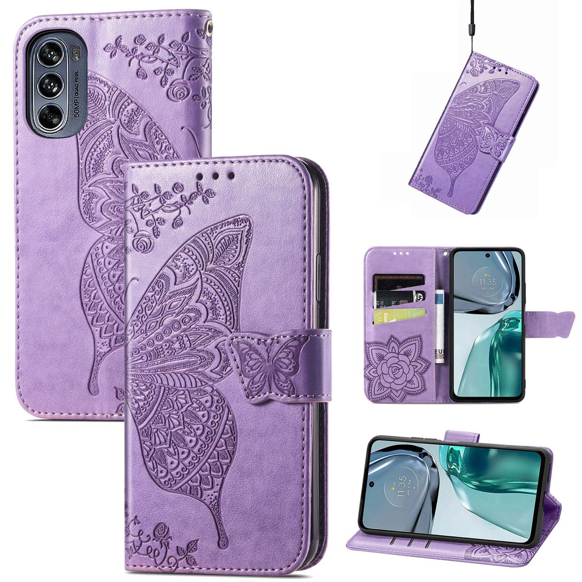 Lila Handyhülle mit Schmetterlingsdesign, verschiedene Ansichten: offen, geschlossen, mit Karten und Telefon.