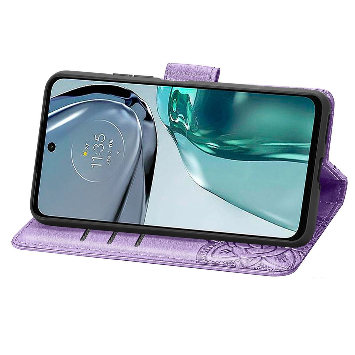Eine lila Handyhülle, offen, mit einem Telefon darin. Das Telefon zeigt einen Bildschirm mit einer Uhr an.