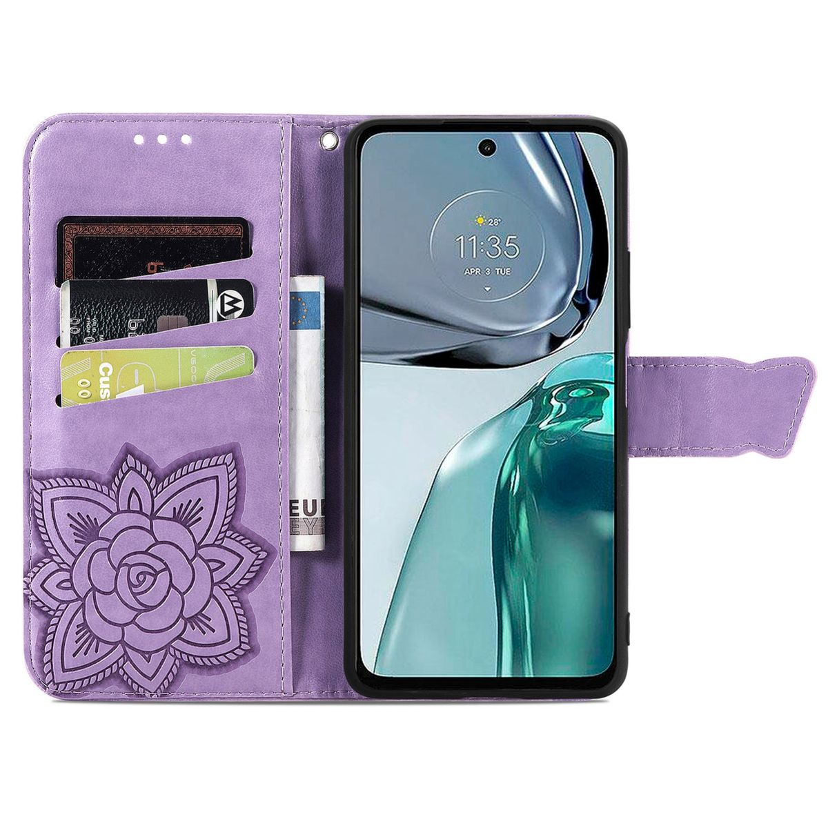 Lila Handyhülle, offen. Telefon innen, zeigt Karten und Bargeld. Florales Design auf der Hülle.