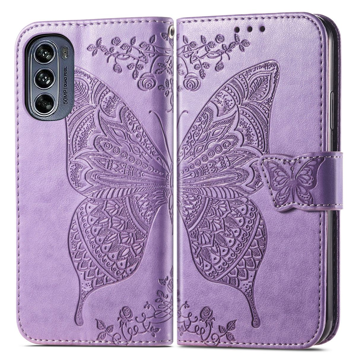 Lila Handyhülle mit Schmetterlingsdesign, geöffnet. Enthält ein Telefon und Schmetterlingsakzente.