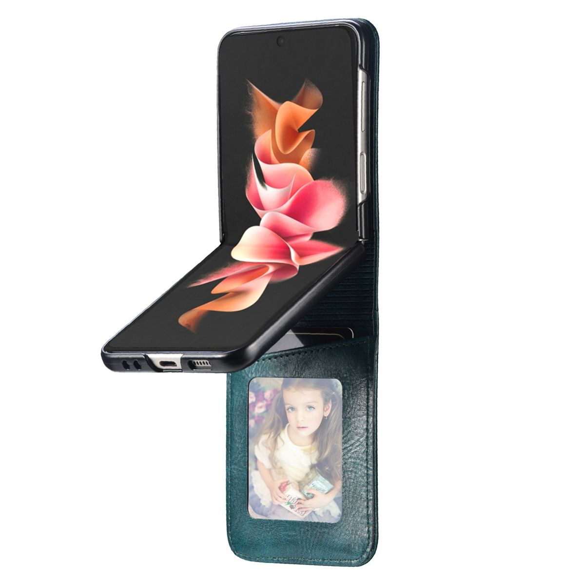 Geöffnetes schwarzes Klapphandy mit Fotohülle. Der Bildschirm zeigt ein rosa-oranges abstraktes Design.
