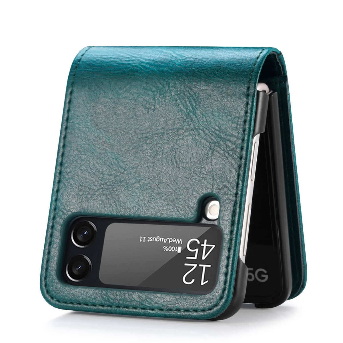 Grüne Leder-Flip-Phone-Hülle mit Telefon, das Zeit und Datum anzeigt.