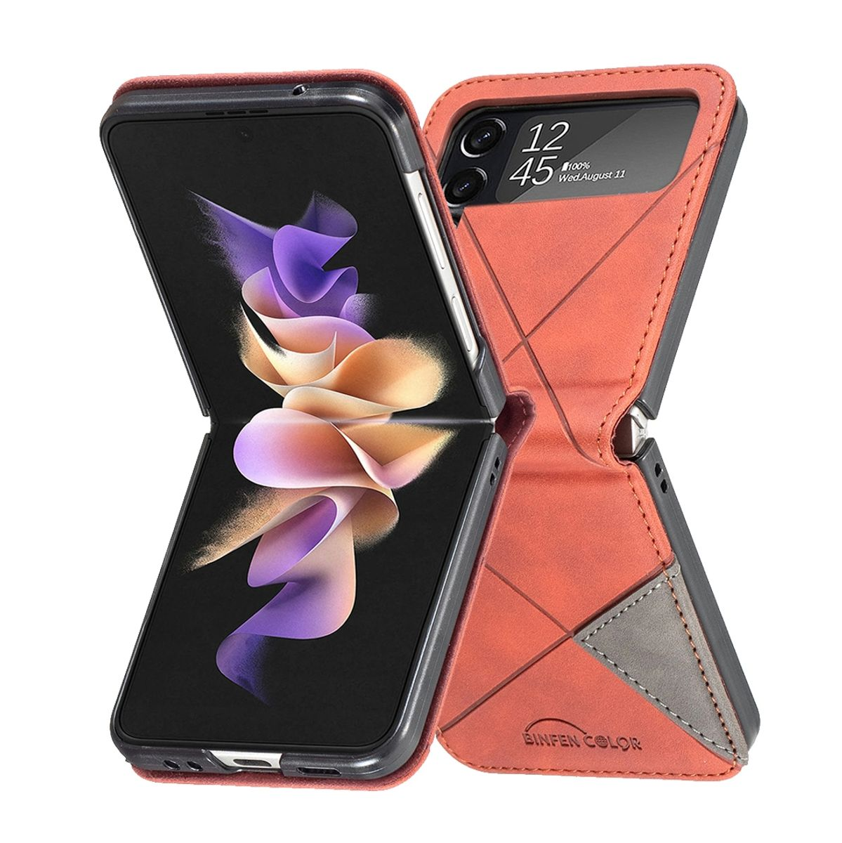 Eine gefaltete Handyhülle, rot und grau, mit einem Telefonbildschirm, der eine Flip-Phone-Oberfläche zeigt.