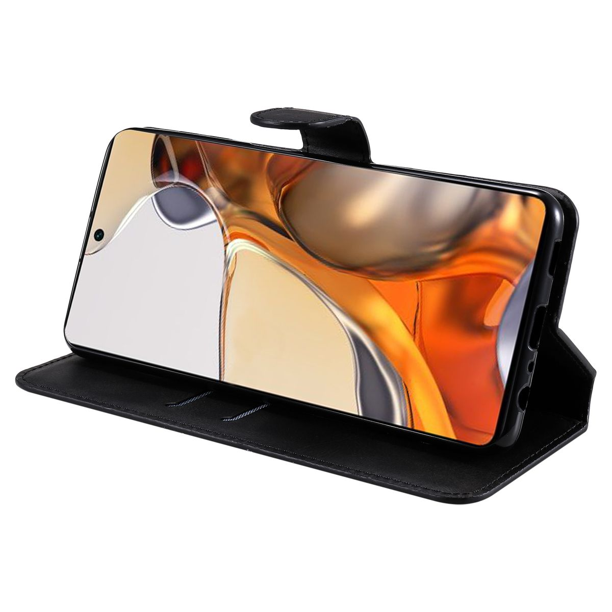 Geöffnete schwarze Handyhülle mit einem Telefon, das ein orange-braunes Bild anzeigt.