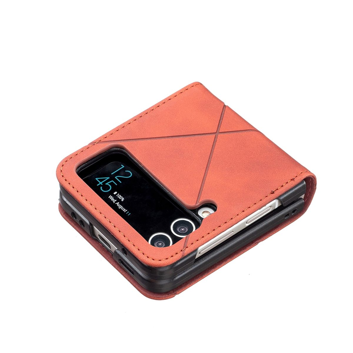 Geöffnete orangefarbene Leder-Handyhülle, die ein schwarzes Telefon mit sichtbarer Kamera zeigt.