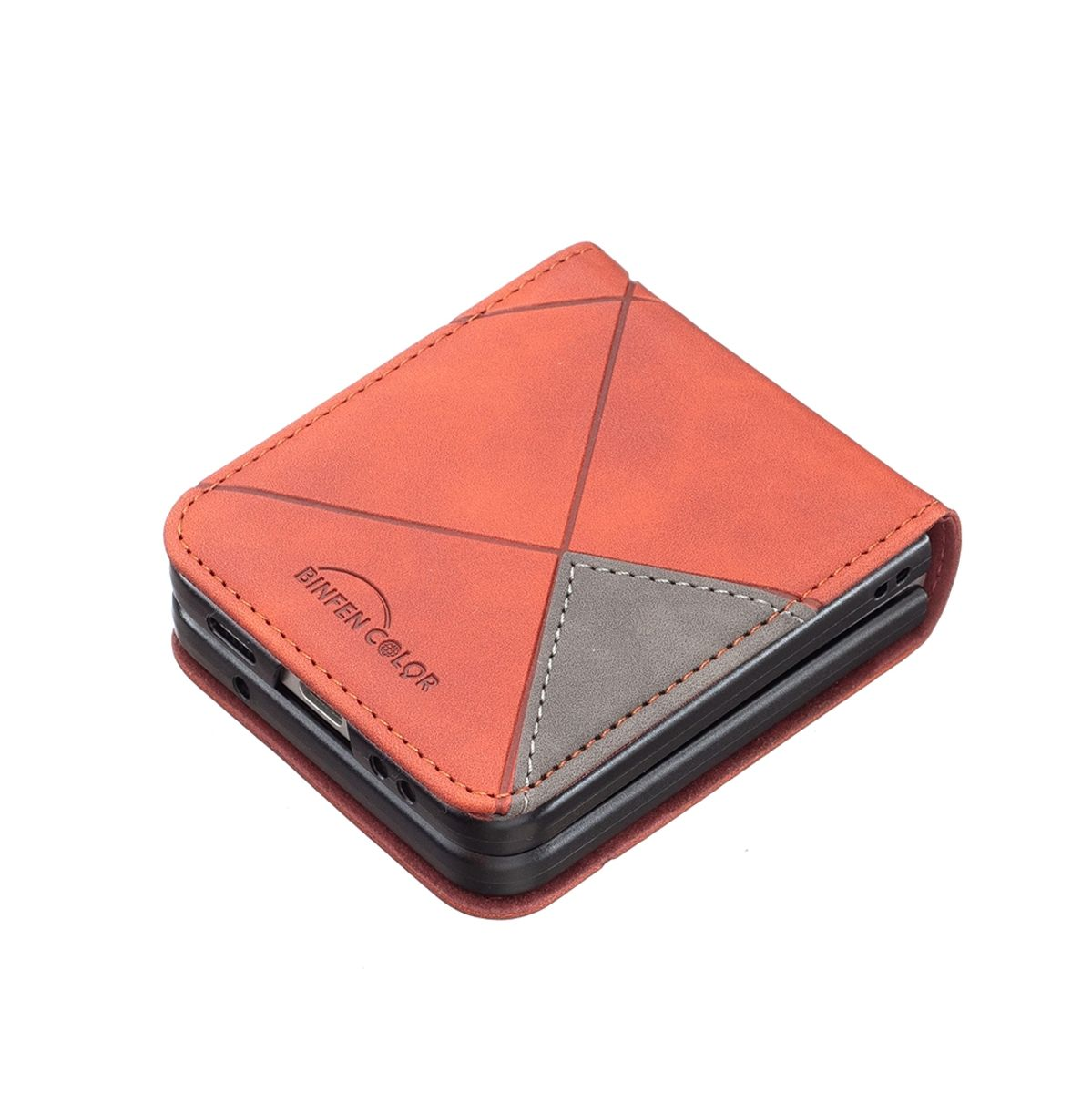 Orange, graue und schwarze Handyhülle, zusammengeklappt. Die Marke 'BINFEN COLOR' ist sichtbar.