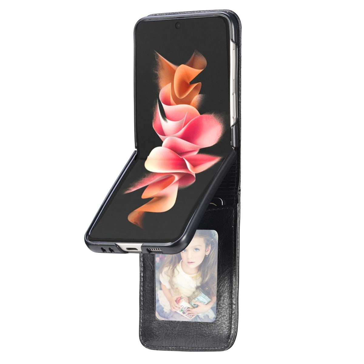 Schwarze Handyhülle offen. Telefon mit rosa-orangenem Design. Foto eines Mädchens im Kartenhalter.