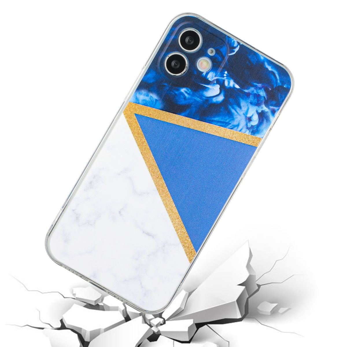 Weiße Handyhülle mit blauem und weißem Design, goldenen Akzenten. Die Hülle ist darunter gerissen.